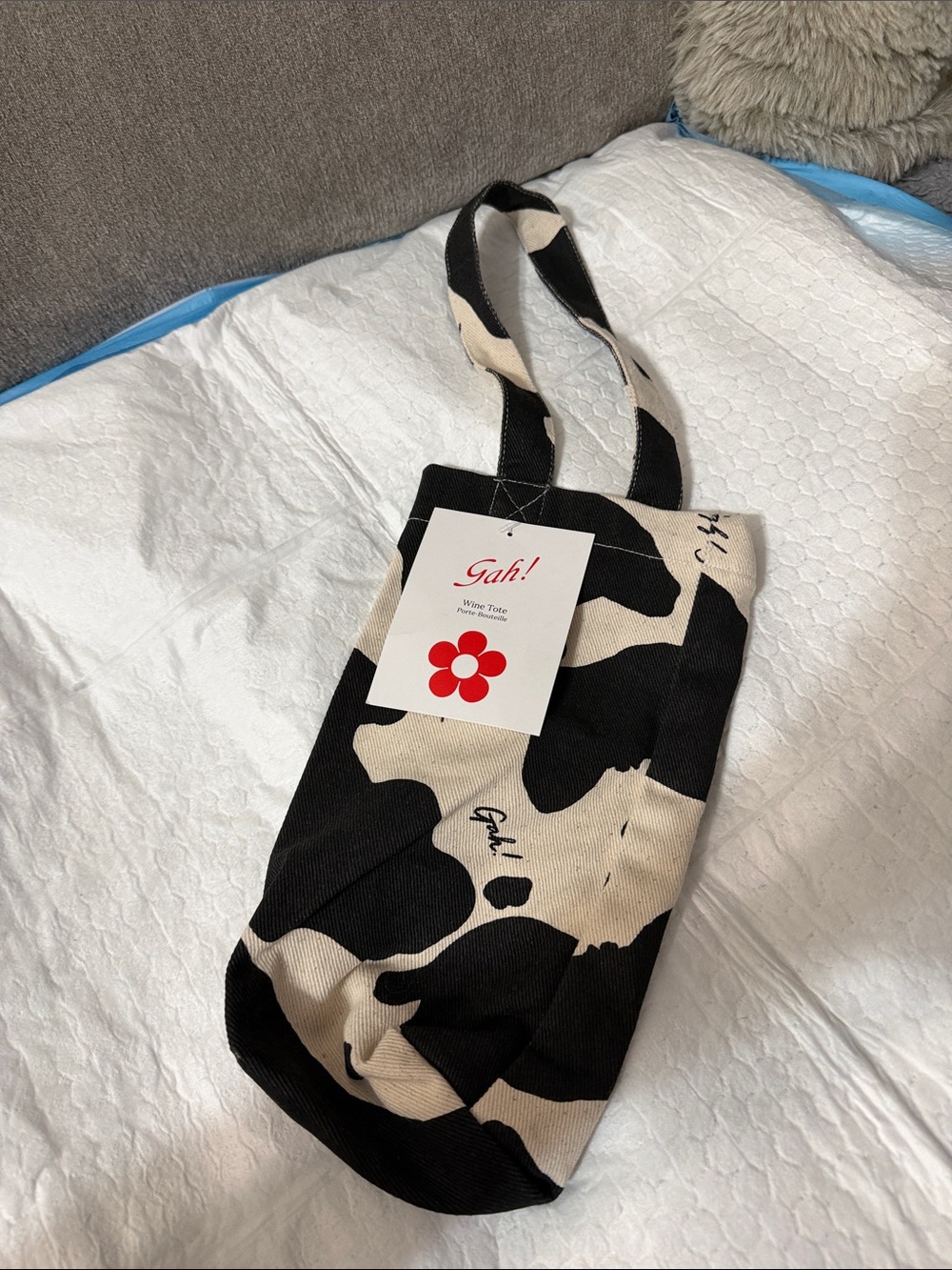 Gah! Canvas wine Tote Bag in Black & Cream Cow Print